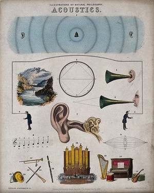 view Acoustics: sonic phenomena and musical instruments. Coloured engraving by J. Emslie, 1850, after himself.