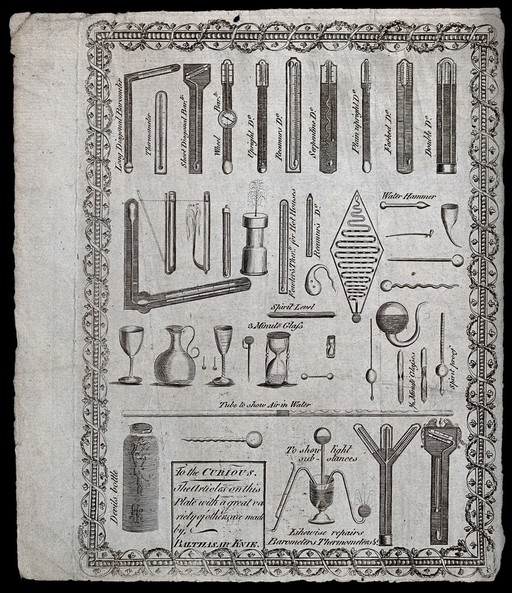 An advertisement for a maker of glass instruments: showing thermometers, hour-glasses, and barometers. Engraving.