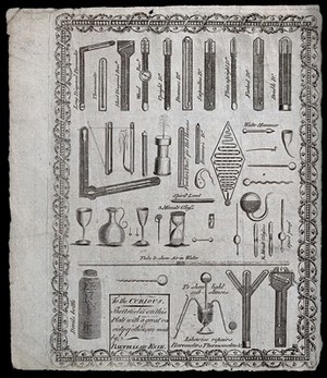 view An advertisement for a maker of glass instruments: showing thermometers, hour-glasses, and barometers. Engraving.