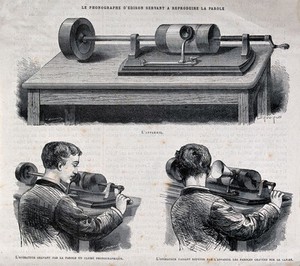 view Acoustics: an Edison wax cylinder recorder. Wood engraving.