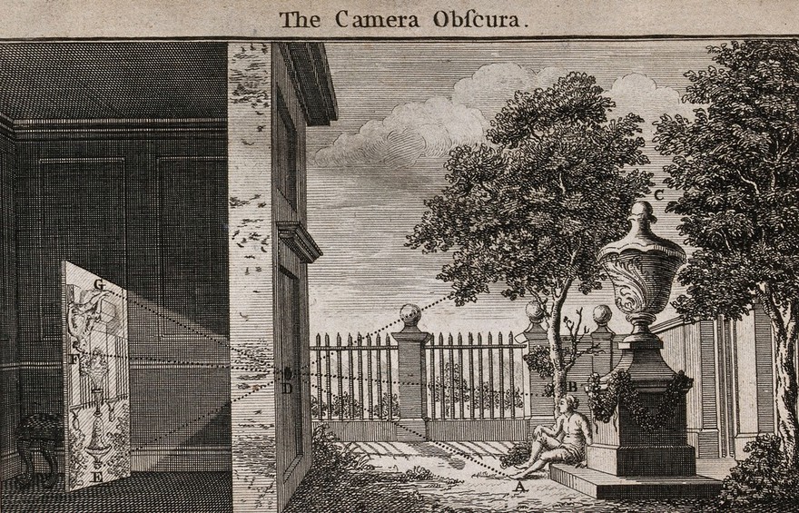 Optics: the principle of the camera obscura. Engraving, 1752.