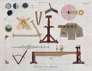 view Optics: diagrams of reflection and refraction of light. Coloured engraving by J. Pass, 1820.