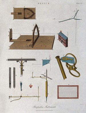 view Optics: diagrams of reflection and refraction of light. Coloured engraving by J. Pass, 1820.