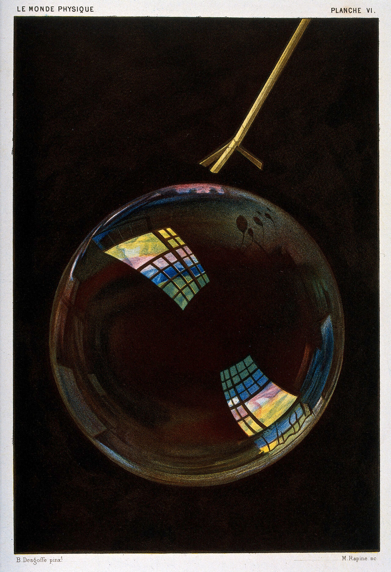 Optics: a soap bubble exhibiting interference colours. Colour mezzotint (?) by M. Rapine, c. 1883, after B. Desgoffe., 1883, by Blaise Alexandre Desgoffe