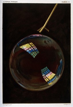 Optics: a soap bubble exhibiting interference colours. Colour mezzotint (?) by M. Rapine, c. 1883, after B. Desgoffe.