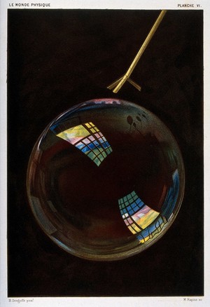 view Optics: a soap bubble exhibiting interference colours. Colour mezzotint (?) by M. Rapine, c. 1883, after B. Desgoffe.