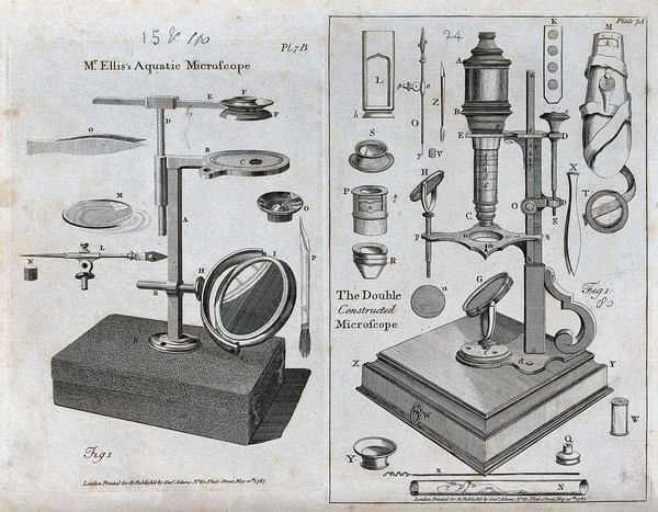 Optics: two kinds of specialist microscope. Engraving, 1787 [by Goodnight after Milne ?].
