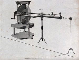 view Electricity: J. Cuthbertson's electro-static generator. Engraving, 1804, by W. Lowry.