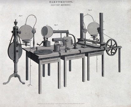 Electricity: various belt-driven electro-static generators. Engraving, 1812 [by W. Lowry ?].