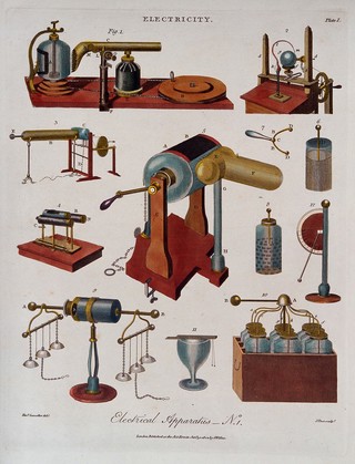 Electricity: electrical equipment, batteries, etc. Coloured engraving, 1804, by J. Pass, after H. Lascelles.