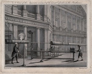 view Electricity: a large electrical machine being prepared for use at the Pantheon, Oxford Street. Engraving by J. Basire, [before 1791], after M.A. Rooker.