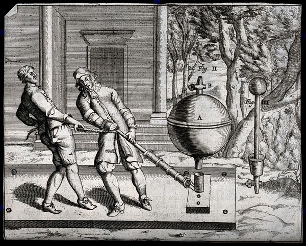 Pneumatics: two men extracting [?] air from an iron sphere. Engraving, 16--.