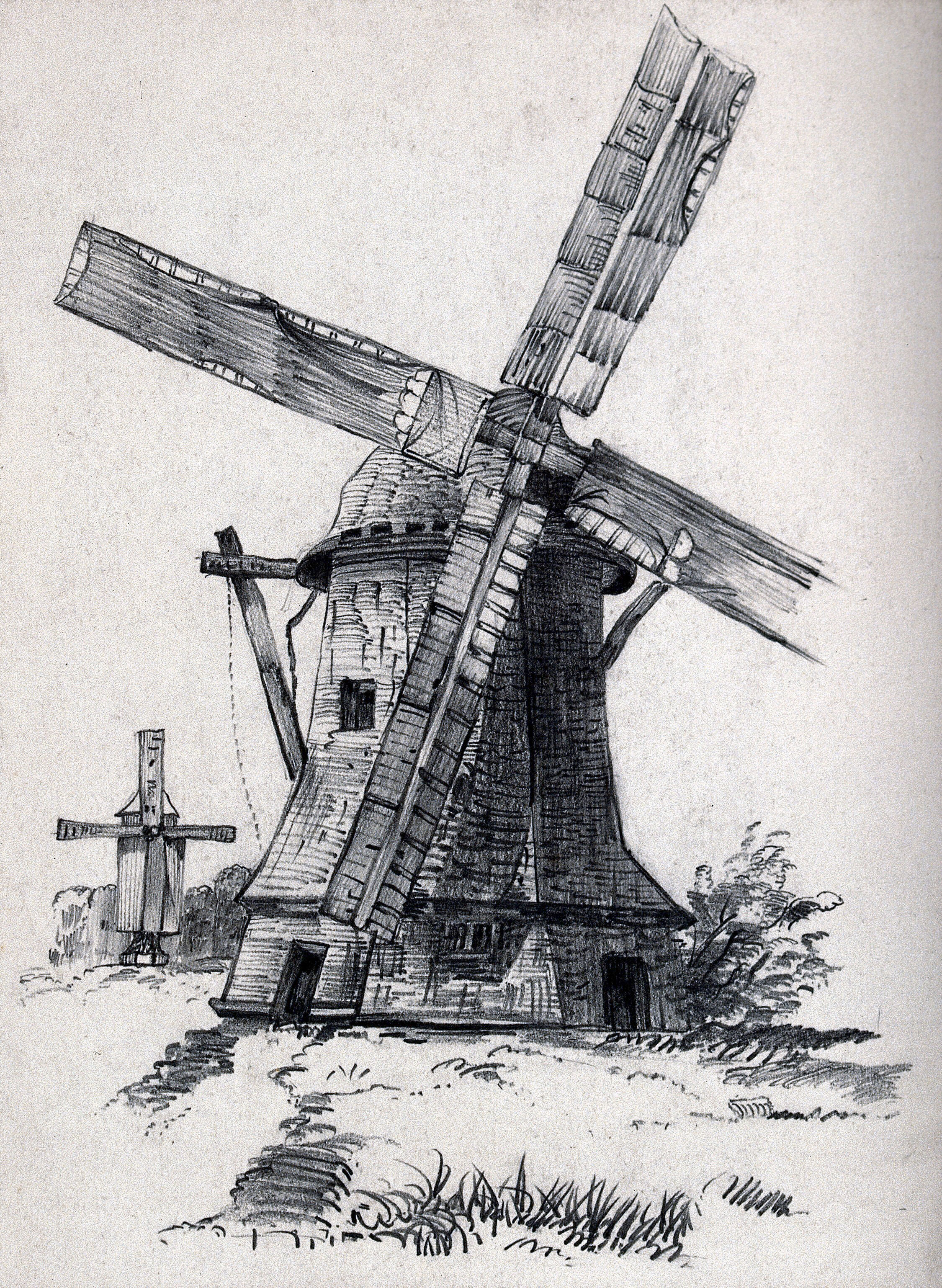 Two Windmills In The Netherlands Pencil Drawing By Lilly