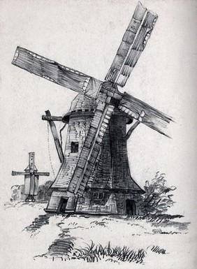 Two windmills (in the Netherlands?) Pencil drawing [by Lilly?], 1862.