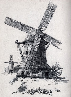 view Two windmills (in the Netherlands?) Pencil drawing [by Lilly?], 1862.