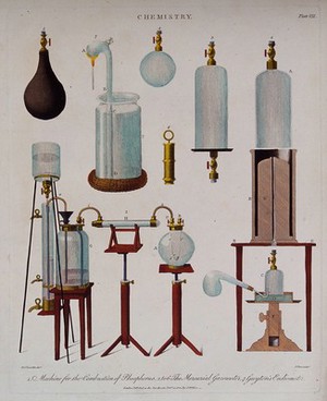 view Chemistry: chemical apparatus made of glass, metal etc. Coloured engraving by J. Pass, 1801, after H. Lascelles.