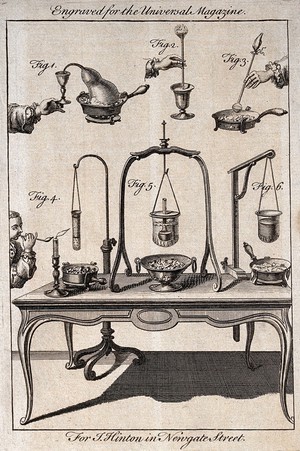 view Chemistry: chemical apparatus in use, on an ornamental table. Engraving, 17--.