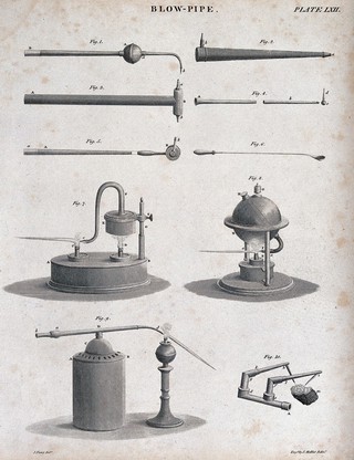 Chemistry: various blowpipes. Engraving by J. Moffat after J. Farey.