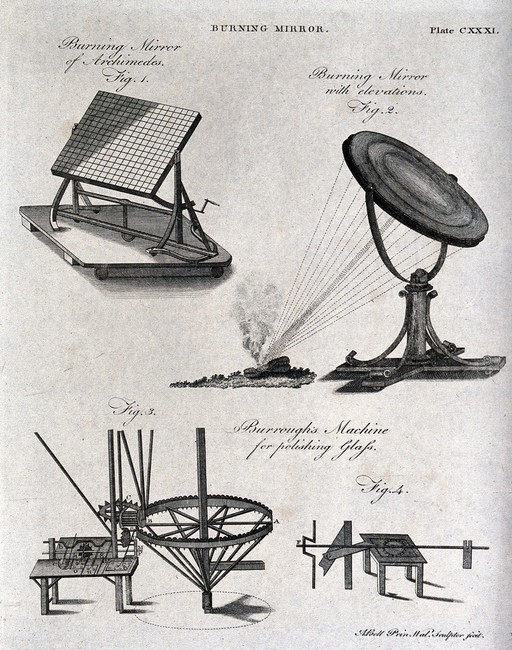 Chemistry: two types of burning-glass, and a glass-polishing machine. Engraving by A. Bell.