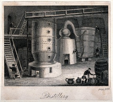 Chemistry: an industrial distillery, in Scotland (?). Engraving, early 19th century.