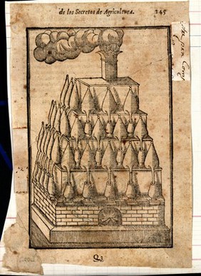 Chemistry: a multi-tiered furnace for distillation. Woodcut after M. Augusti.