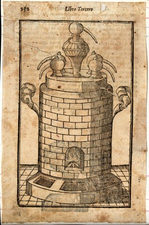 view Chemistry: multiple vessels for distillation, on a furnace. Woodcut after M. Augusti.