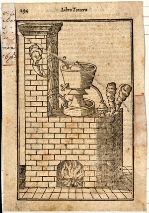 view Chemistry: a large vessel for distillation, on a furnace. Woodcut after M. Augusti.