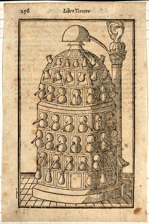 view Chemistry: a multi-tiered furnace for distillation. Woodcut after M. Augusti.