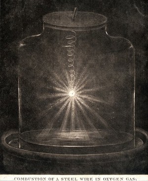 view Chemistry: a piece of steel wire burning in oxygen inside a glass jar. Mezzotint, 1809.