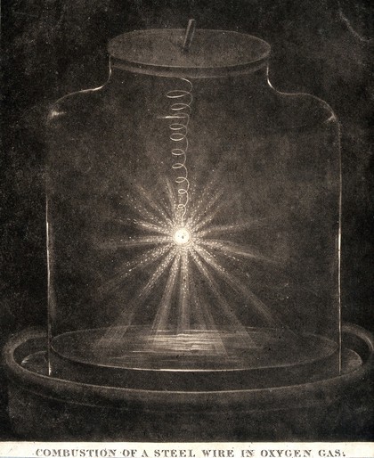 Chemistry: a piece of steel wire burning in oxygen inside a glass jar. Mezzotint, 1809.