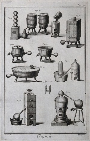view Chemistry: various vessels and furnaces, with men in bathing [?] enclosures. Engraving by A.J. Defehrt after L.J. Goussier.