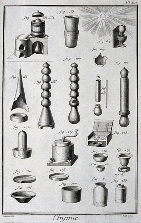 Chemistry: various vessels, including cracking towers. Engraving by A.J. Defehrt after L.J. Goussier.