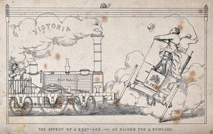 view A mail-coach, overturned by a locomotive (Stephenson's Rocket). Line engraving, c. 1853 (?).