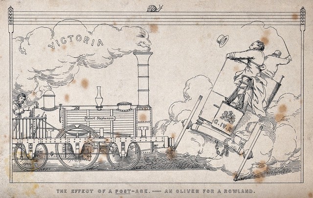A mail-coach, overturned by a locomotive (Stephenson's Rocket). Line engraving, c. 1853 (?).