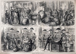 view Scenes inside the General Post Office at St Martin's-le-Grand, London. Wood engraving by J. Bell, 1875.