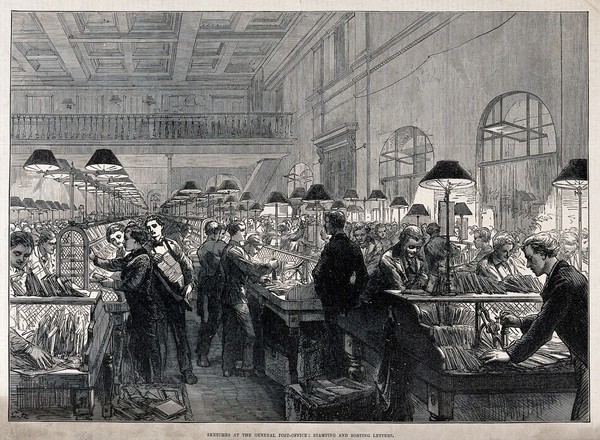 The General Post Office, St Martin's-le-Grand, London. Wood engraving by [C.R.], [1869].