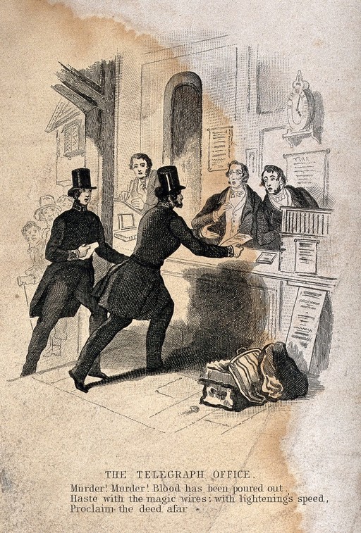 A pair of police constables, wearing stovepipe hats, rushing to send a telegraphic report of a murder. Engraving.