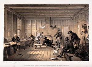 view Telegraph house, Newfoundland: telegraph workers smoking and reading papers in their mess. Coloured lithograph by G.M. McCulloch, 1866, after R.C. Dudley, 1858.