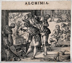 view An alchemist stoking a furnace, surrounded by well dressed onlookers: a banquet takes place in the background. Etching by C. Murer, ca. 1600-1614.