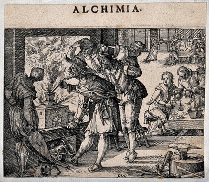 An alchemist stoking a furnace, surrounded by well dressed onlookers: a banquet takes place in the background. Etching by C. Murer, ca. 1600-1614.