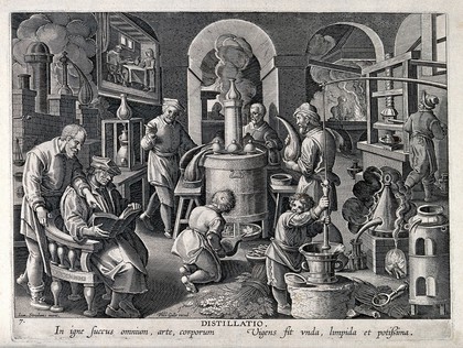 Chemists and workers operating distilling apparatus in a laboratory. Engraving by P. Galle (?) after J. van der Straet.
