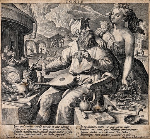 A young woman, probably Prudentia, warns an alchemist of the dangers of abusing fire: in the background fires rage in buildings and mines. Engraving by C. de Passe after M. de Vos, 16th century.