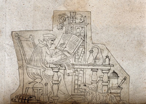 An alchemist copying a text, surrounded by apparatus, attended by his dog. Wood engraving.