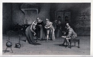 view A noblewoman and two noblemen examining some gold produced by an alchemist. Engraving by G. Greatbach after A.H. Tourrier.