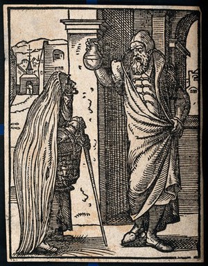 view A physician holding up a flask of urine for an old lady holding a basket and walking stick. Woodcut by Jost Amman.