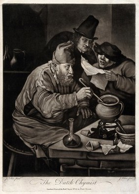 An alchemist hunched over his crucible; an assistant reads him a recipe, watched by an onlooker. Mezzotint by J. Wilson, c. 1770, after J. Steen.