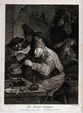 An alchemist hunched over his crucible; an assistant reads him a recipe, watched by an onlooker; the alchemist's wife weeps in the dim background, a baby clasped to her breast. Engraving by J. Boydell, c. 1760, after J. Steen.