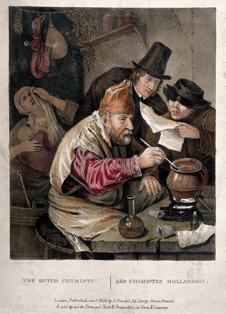 An alchemist hunched over his crucible; an assistant reads him a recipe, watched by an onlooker; the alchemist's wife weeps in the dim background, a baby clasped to her breast. Coloured lithograph by Bouvier, 1830, after J. Steen.