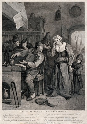 A group of three 'puffers' (uninitiated alchemists) reading books, and a credulous peasant trying his luck at alchemy, his weeping wife and miserable child trying to detain him from alchemical pursuit. Engraving by F. Godefroy after J. Steen.