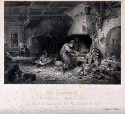 An alchemist with his family in their dim dwelling, working a bellows at his furnace. Engraving by J.C. Bentley after A. van Ostade, 1661.